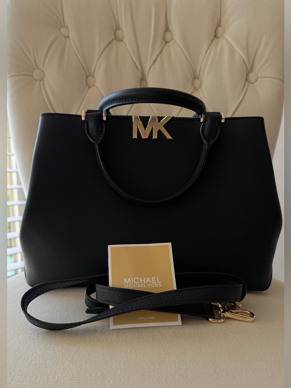 Michael Kors Florence Medium Saffiano Leather Satchel - Black/Gold - Picture 8 of 8